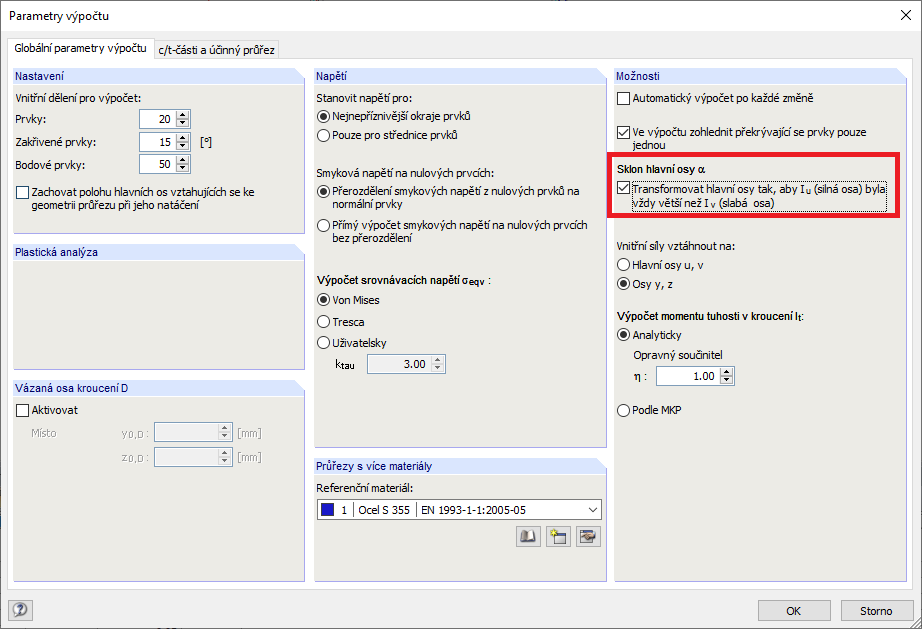 Nastavení pro sklon hlavních os