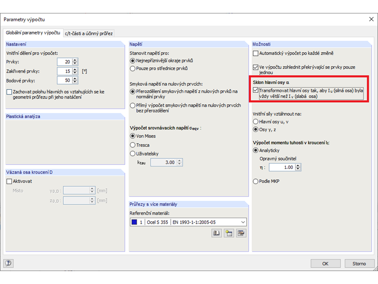 Nastavení pro sklon hlavních os