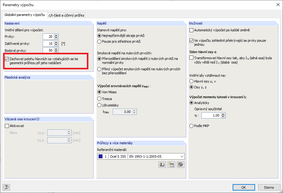 Nastavení pro natočení profilu