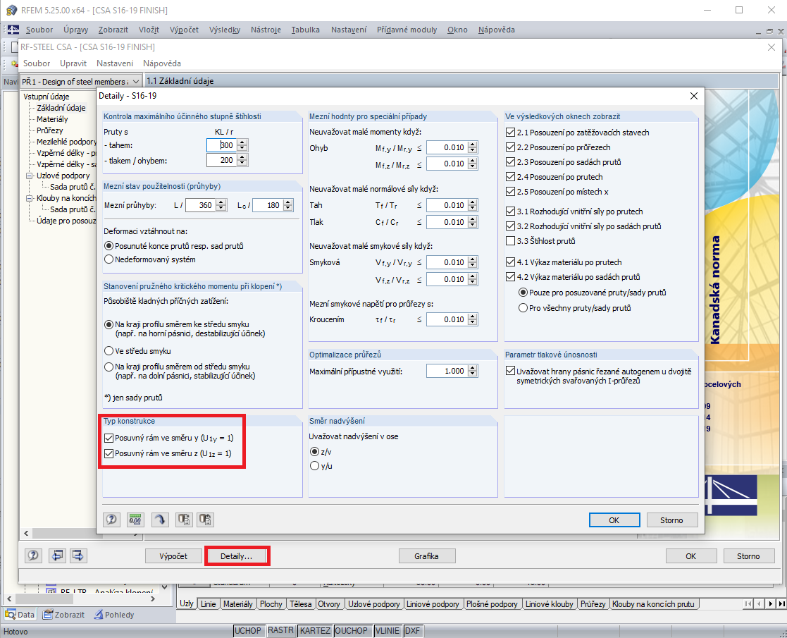 Nastavení součinitele U1 v detailech v RF-/STEEL CSA