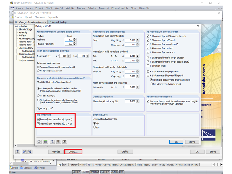 Nastavení součinitele U1 v detailech v RF-/STEEL CSA