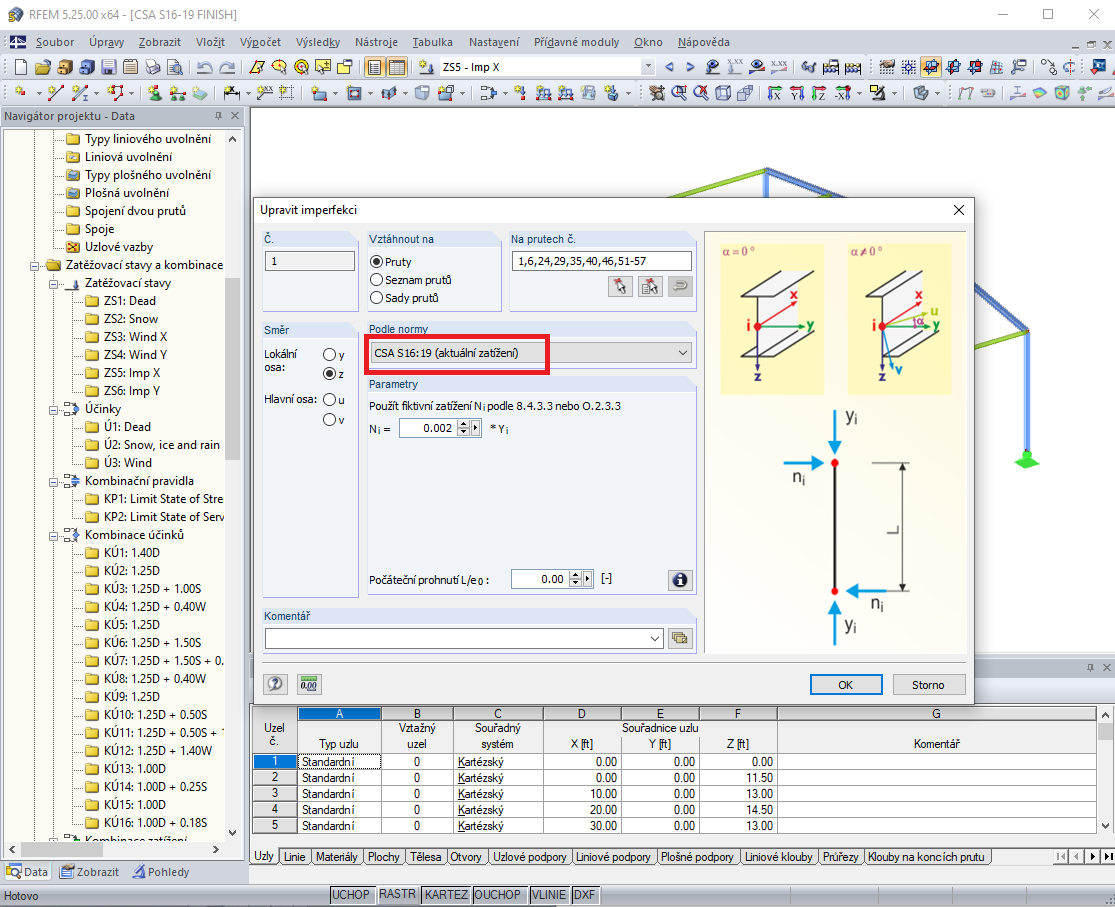 Fiktivní zatížení v nastavení imperfekcí podle CSA S16:19