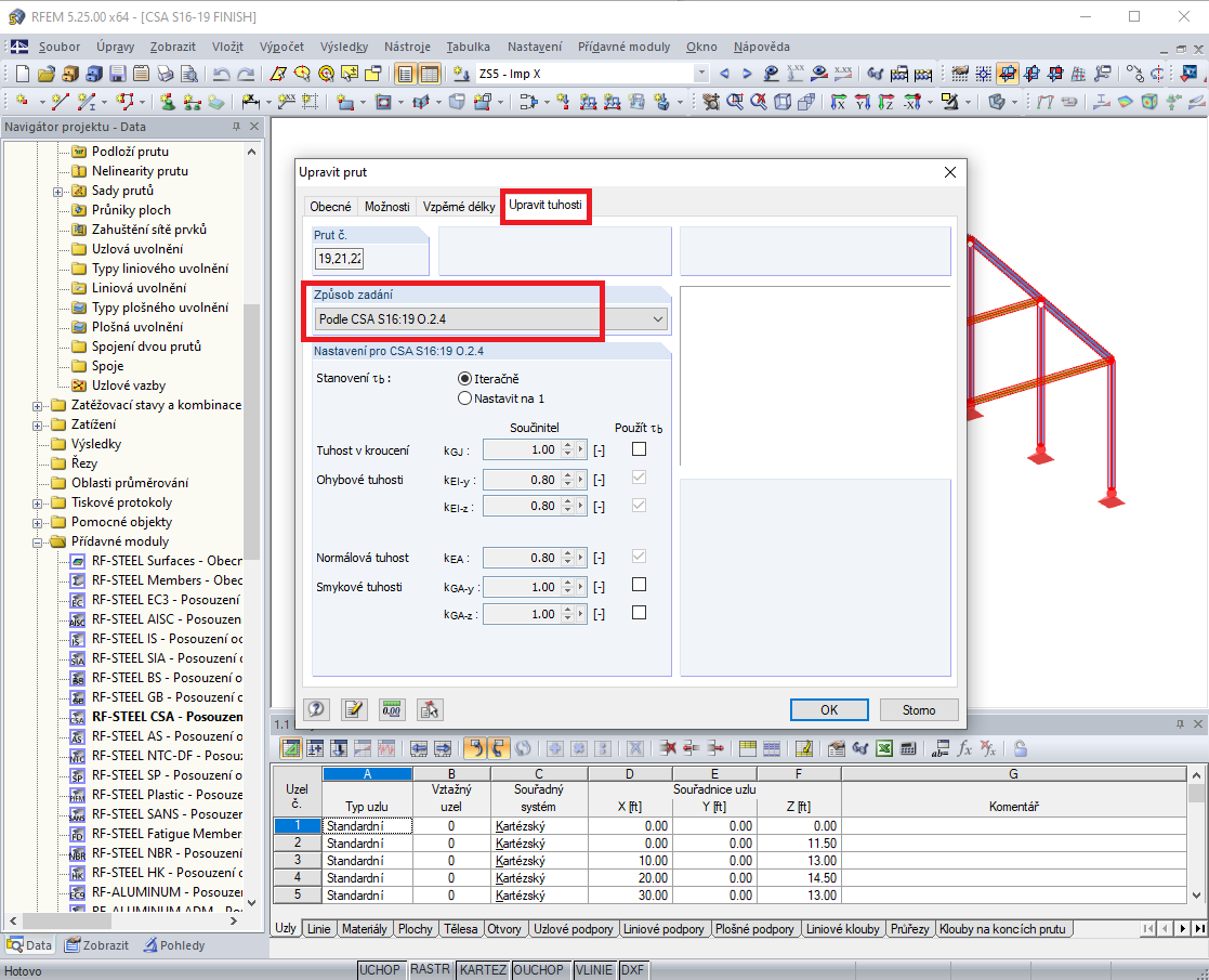 Úpravy tuhosti prutu pro CSA S16:19
