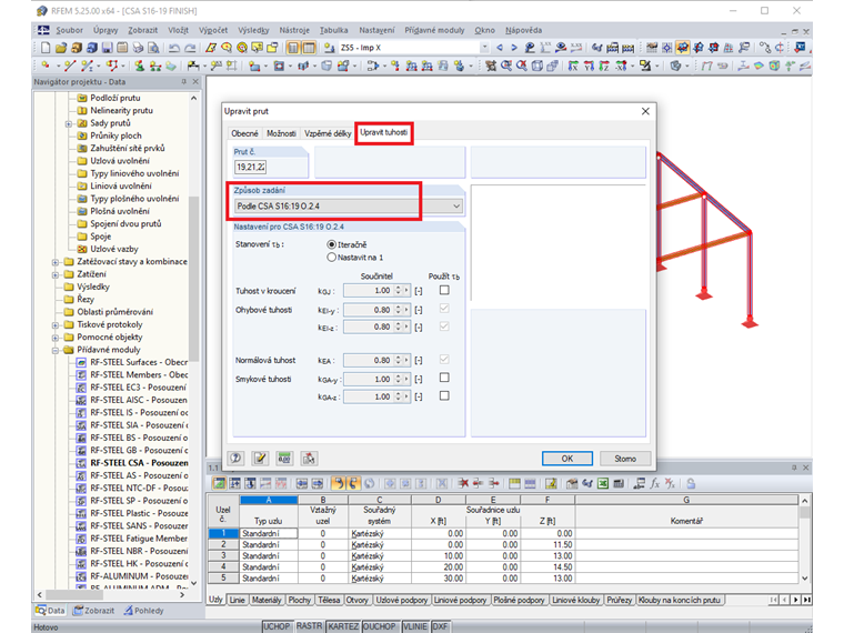Úpravy tuhosti prutu pro CSA S16:19