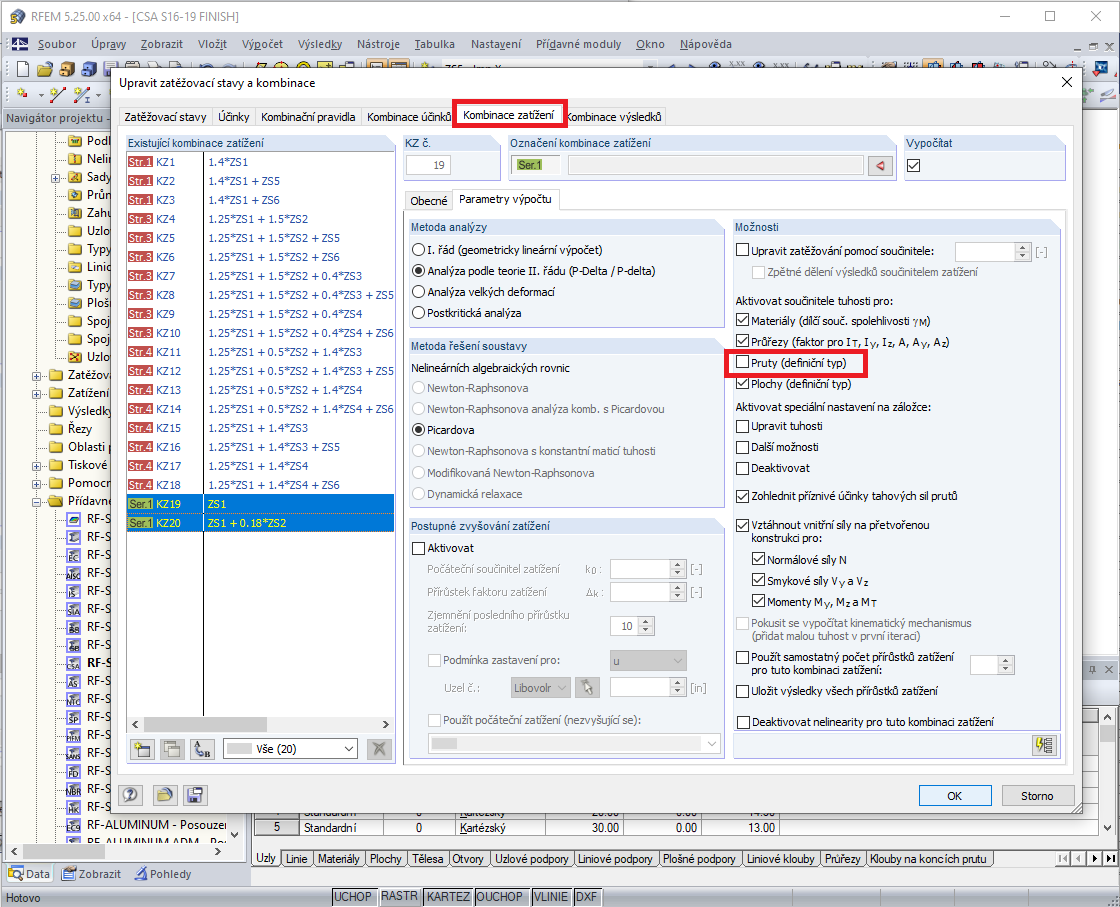 Deaktivace úprav tuhosti pro vybrané kombinace zatížení