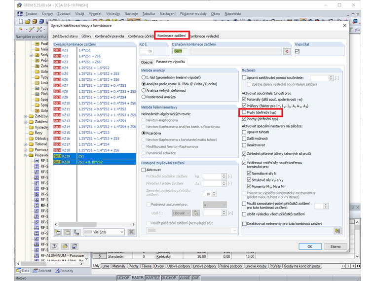 Deaktivace úprav tuhosti pro vybrané kombinace zatížení