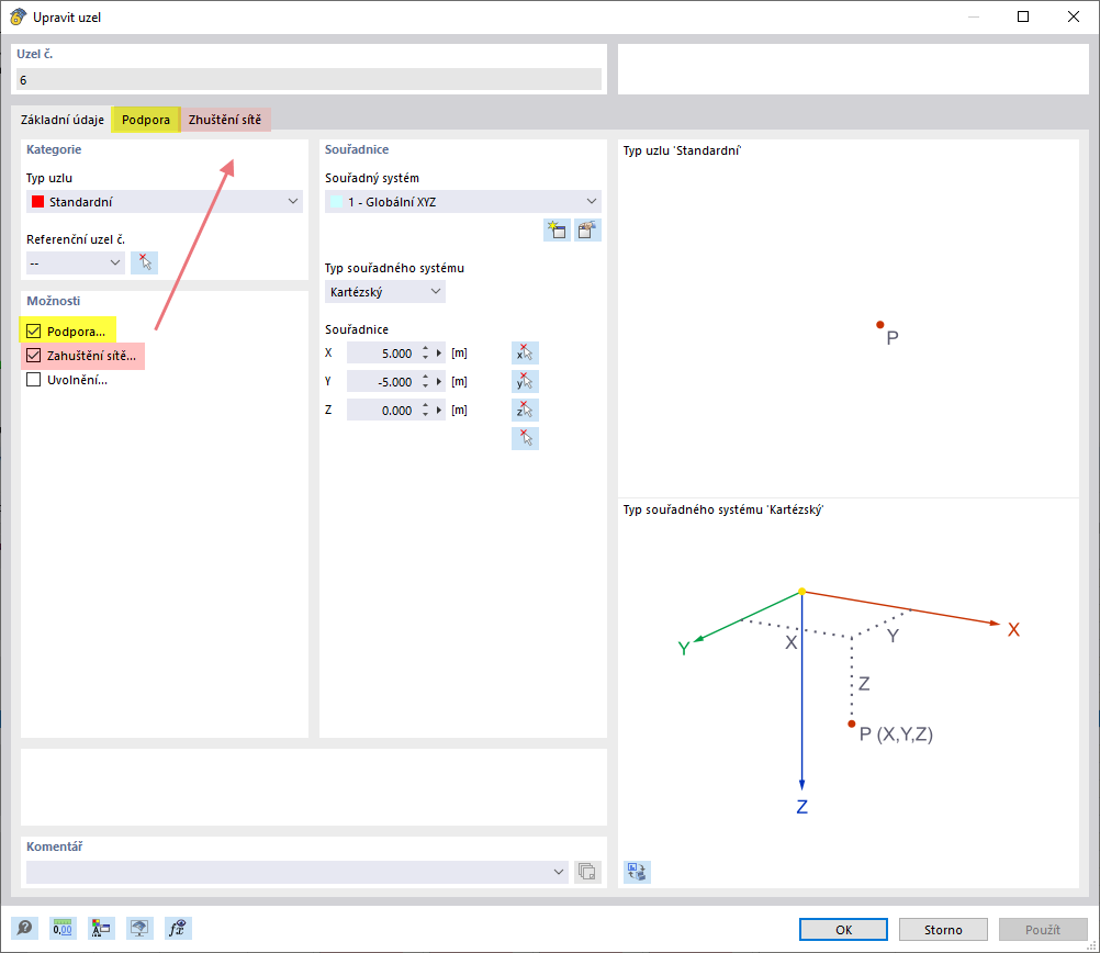 Poskytnutí uzlů (základní objekt) s podporou a zjemněním sítě (typy pro uzly)