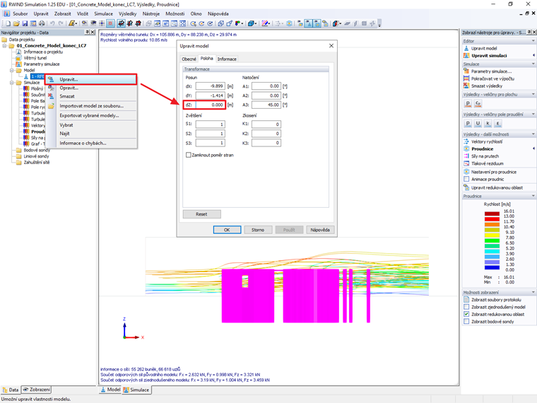 Polohu importovaného modelu můžete ovlivnit pomocí dialogu Upravit model přímo v RWIND Simulation.
