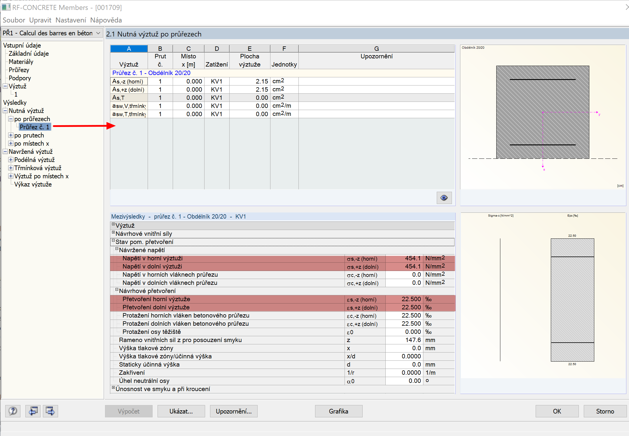 Návrhová napětí a přetvoření stanovená v RF-CONCRETE Members