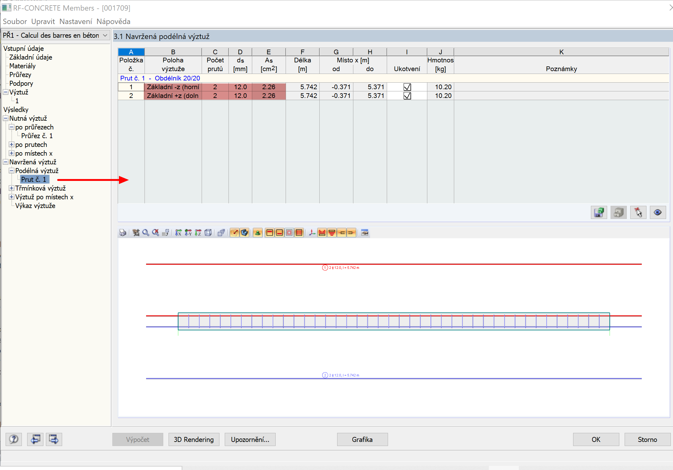 Navržená výztuž stanovená v RF-CONCRETE Members