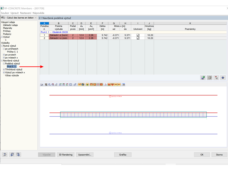 Navržená výztuž stanovená v RF-CONCRETE Members
