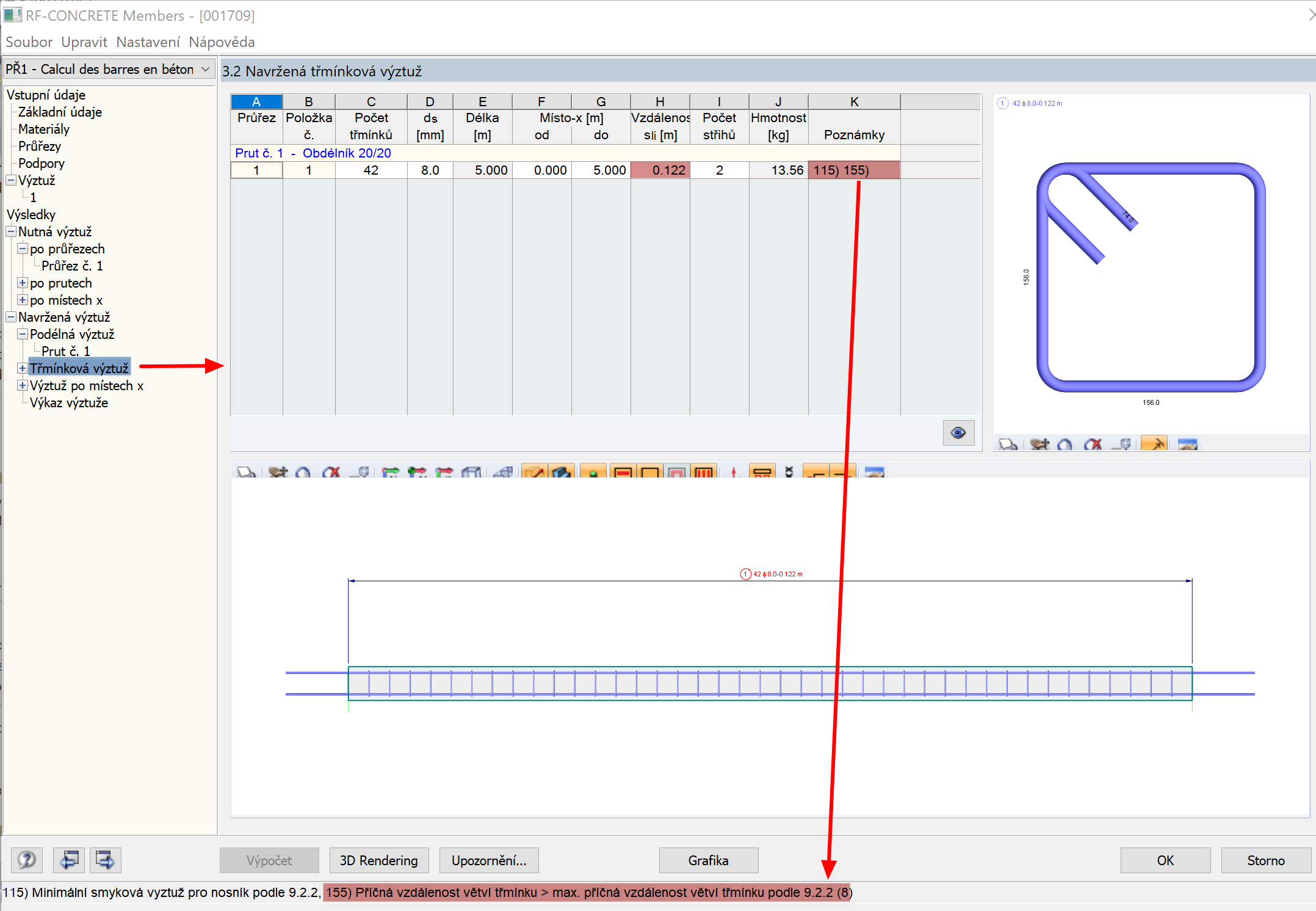 Hláška o maximální dovolené vzdálenosti třmínků