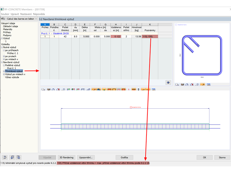 Hláška o maximální dovolené vzdálenosti třmínků