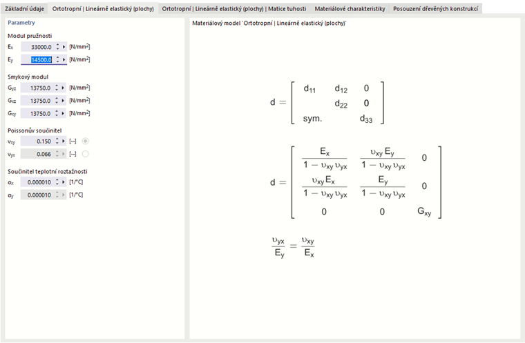 Matice tuhosti pro ortotropní lineární elastický materiál (plochy)