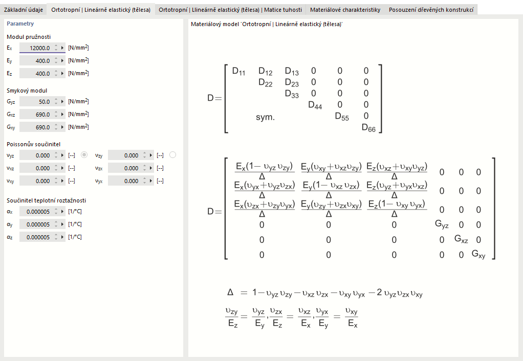 Matice tuhosti pro ortotropní lineární elastický materiál (tělesa)