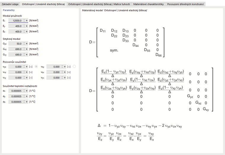 Matice tuhosti pro ortotropní lineární elastický materiál (tělesa)