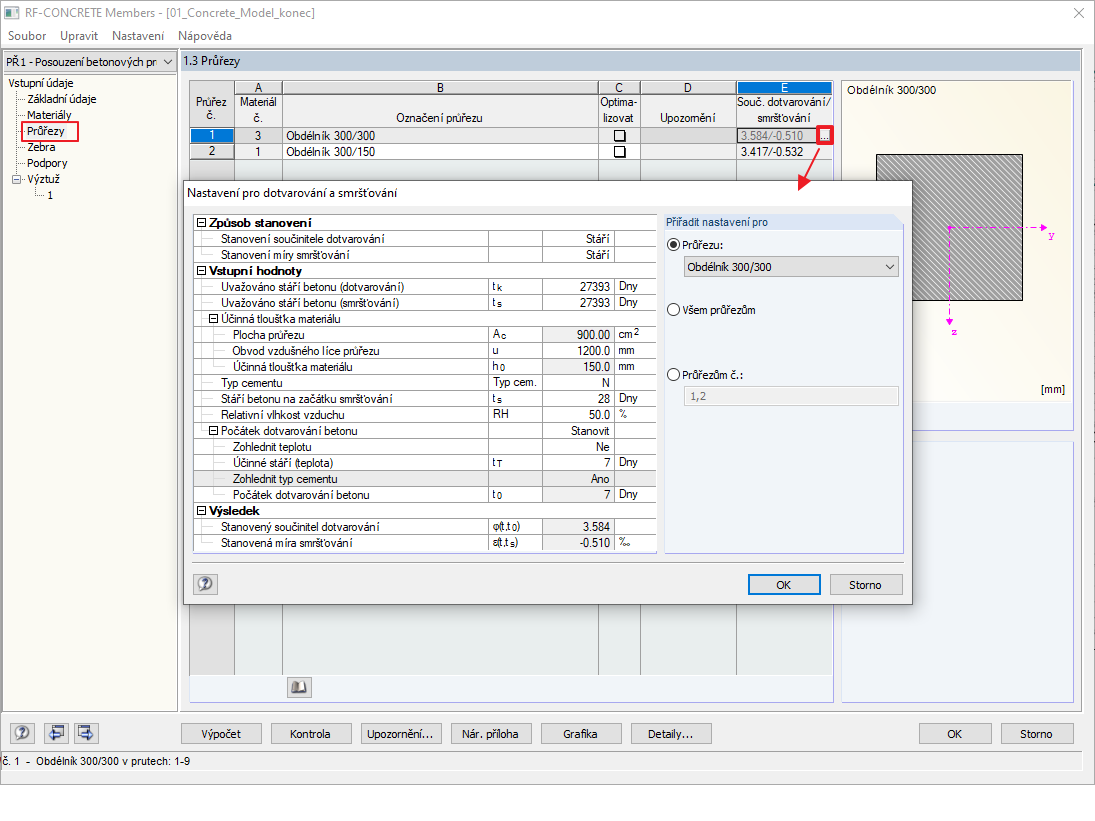 Parametry pro  smršťování a dotvarování