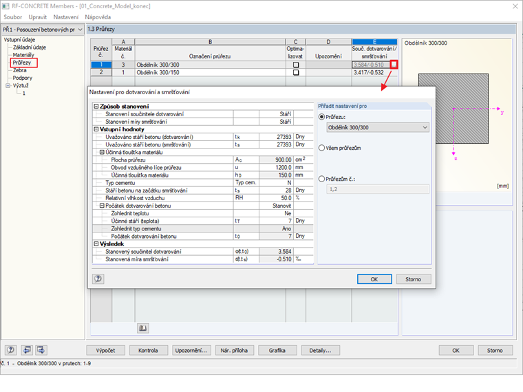 Parametry pro  smršťování a dotvarování