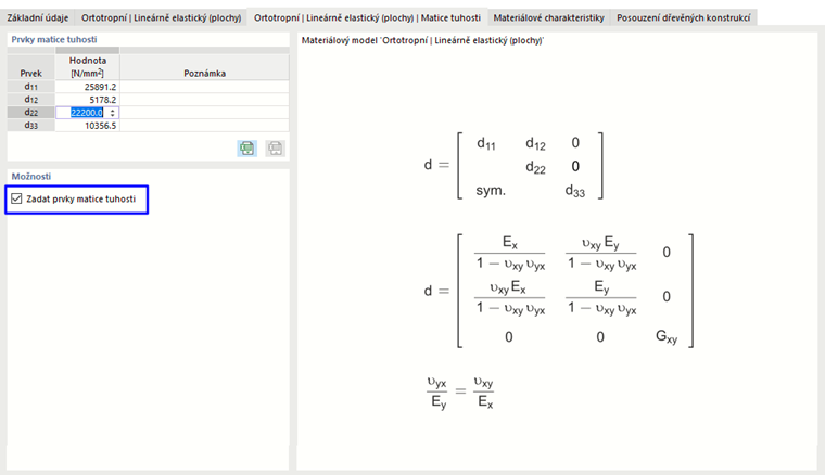 Zadání maticových prvků tuhosti