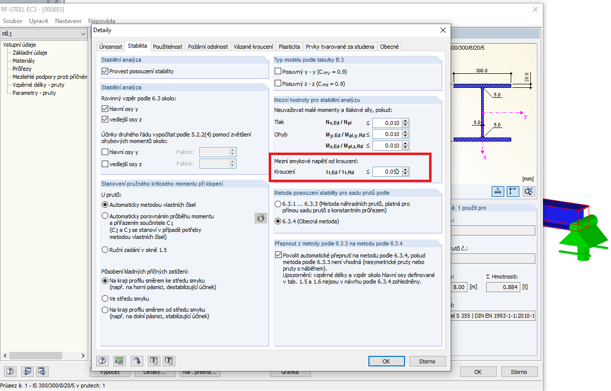 Mezní hodnota smykových napětí v kroucení pro posouzení stability