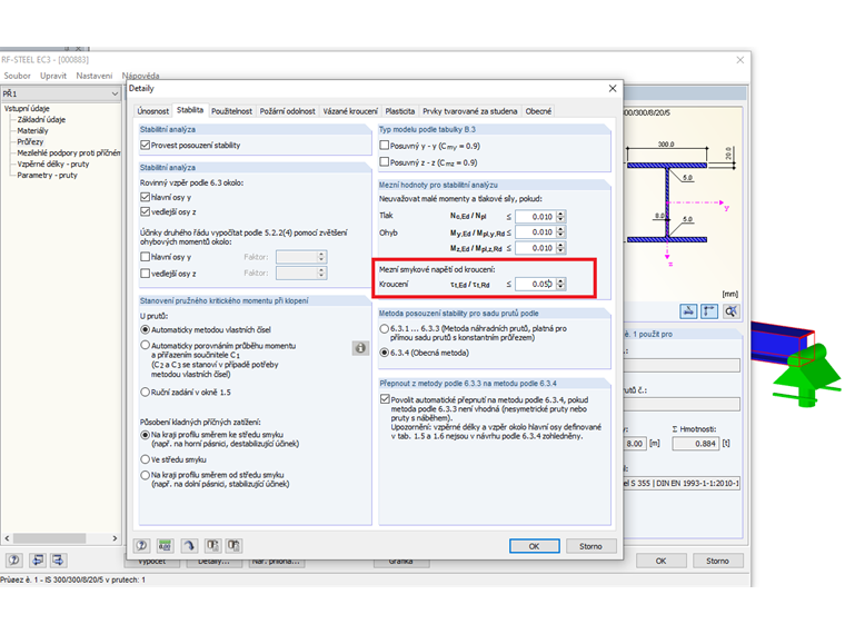 Mezní hodnota smykových napětí v kroucení pro posouzení stability