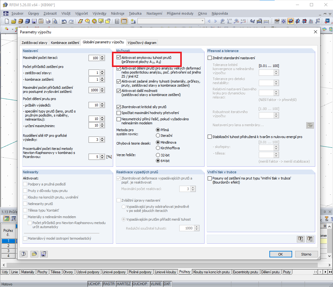 Aktivace smykové tuhosti v parametrech výpočtu