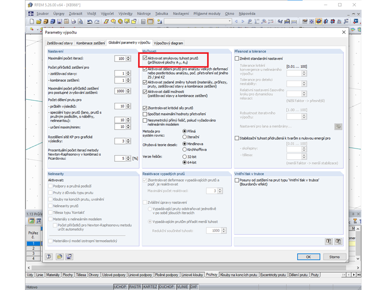 Aktivace smykové tuhosti v parametrech výpočtu