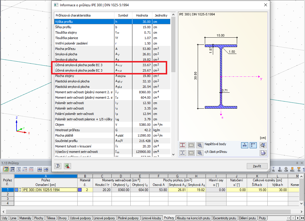 Účinná smyková plocha podle EC3 u IPE 300