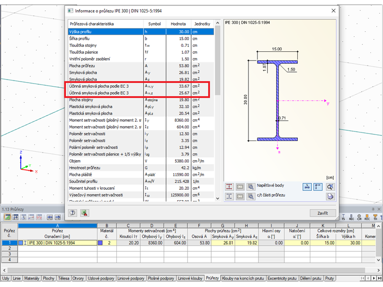 Účinná smyková plocha podle EC3 u IPE 300