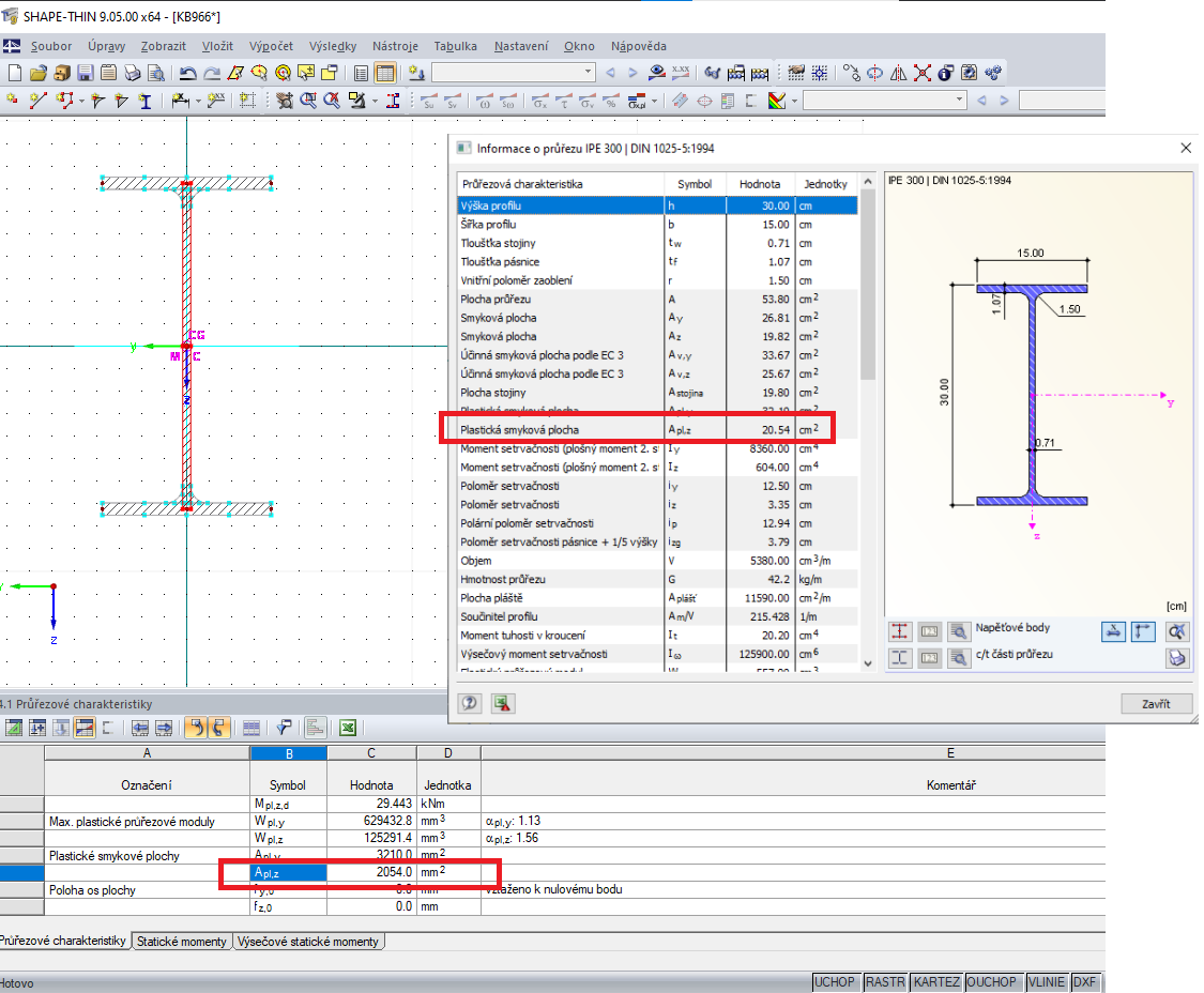 Plastická smyková plocha a rozložený průřez v programu SHAPE -THIN