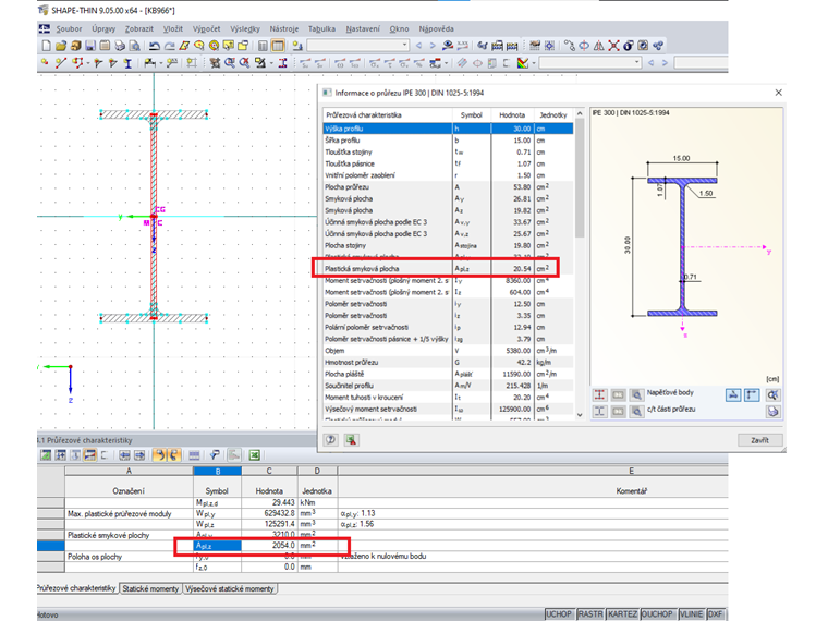Plastická smyková plocha a rozložený průřez v programu SHAPE -THIN