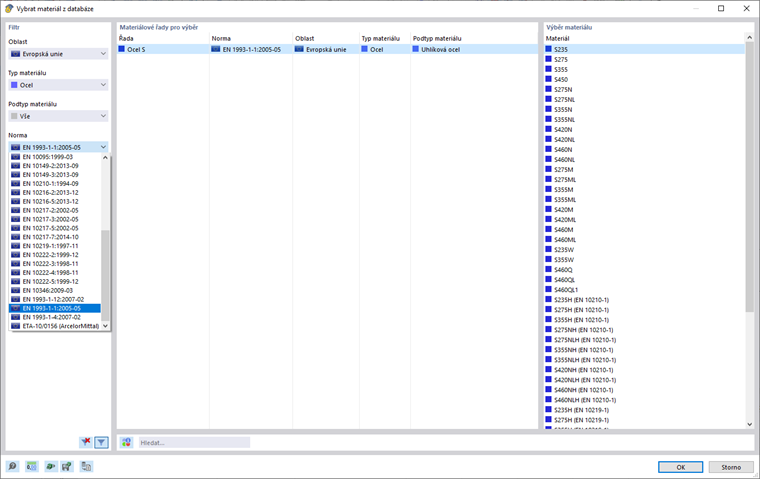Filtrování databáze podle oblastí, typů materiálů a norem