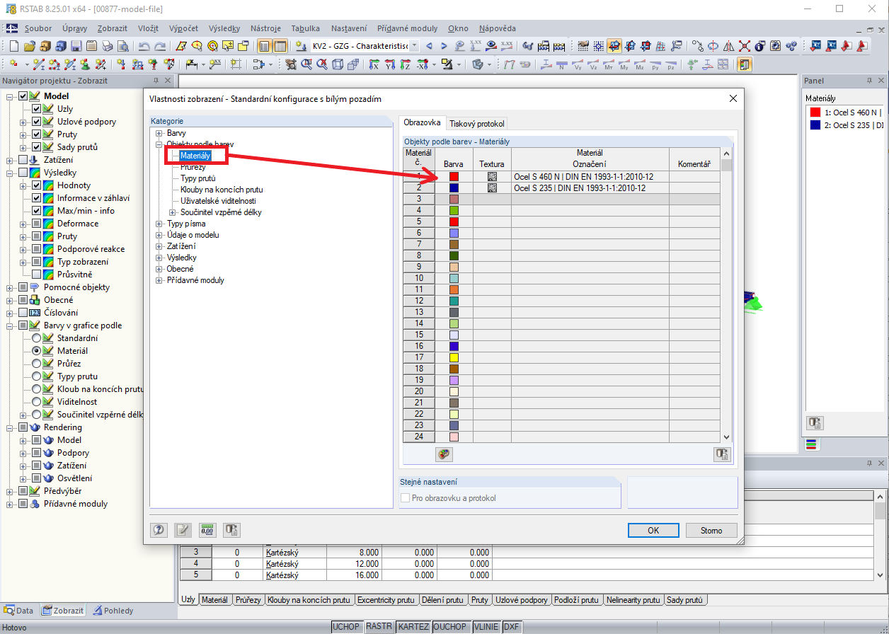 Změna barev materiálů ve vlastnostech zobrazení