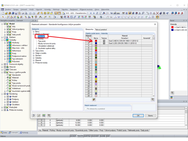 Změna barev materiálů ve vlastnostech zobrazení