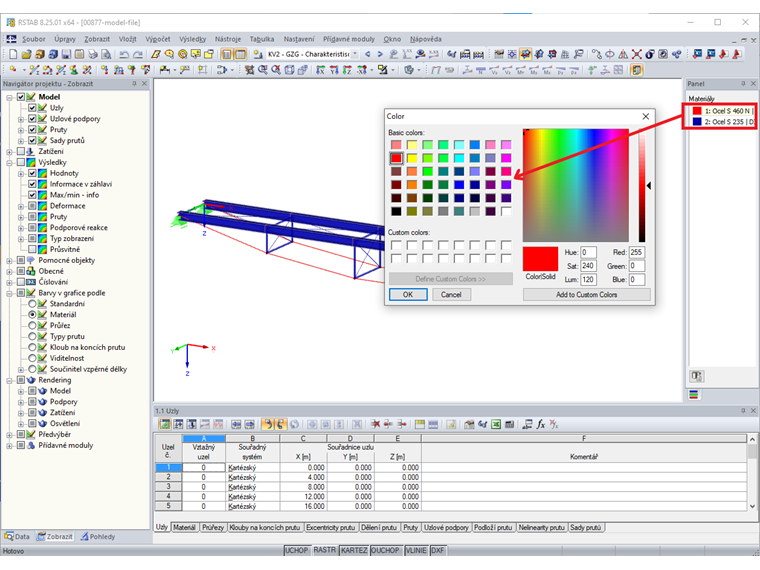 Změna barev materiálů v panelu