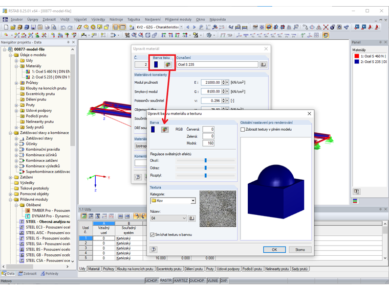 Změna barev materiálů v dialogu Upravit materiál