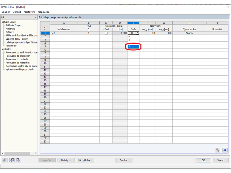 Vztah deformace a výslednice v modulu RF-/TIMBER Pro