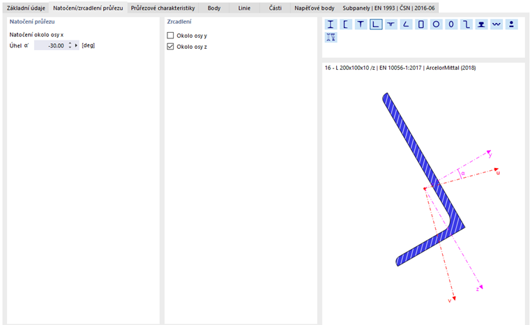 Zadání natočení průřezu a zrcadlení L-profilu