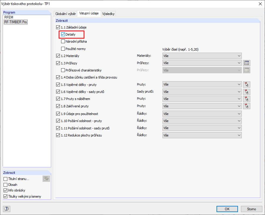 Výběr tiskového protokolu - Vstupní údaje.