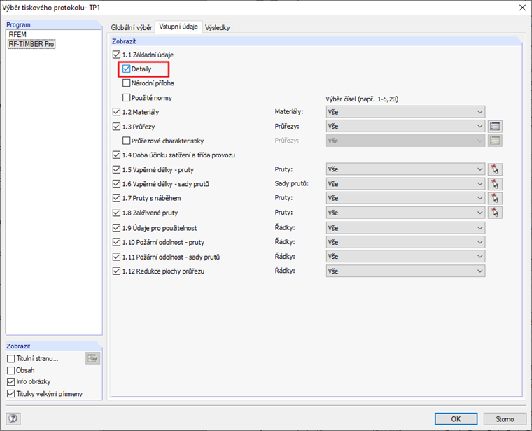 Výběr tiskového protokolu - Vstupní údaje.