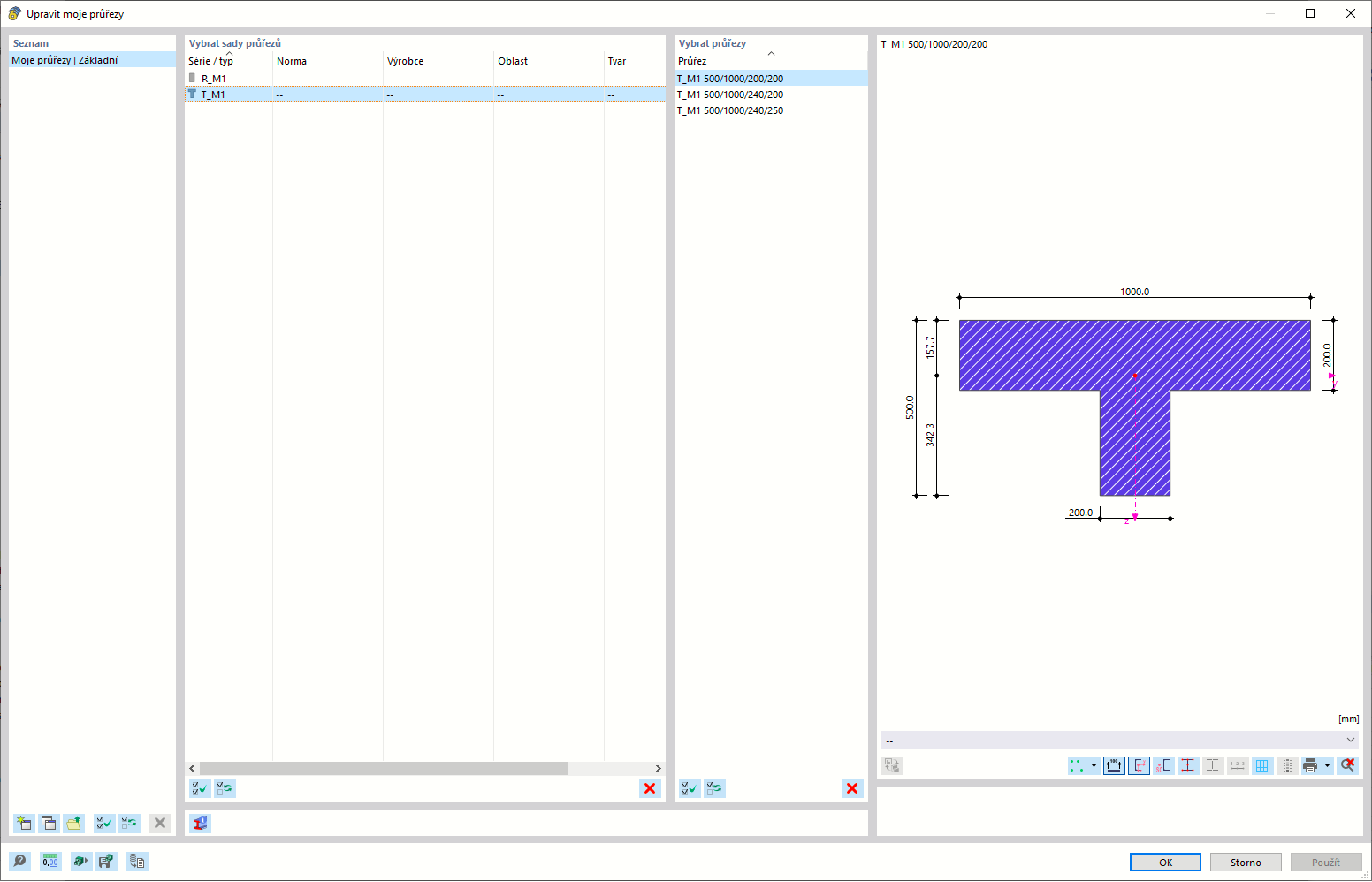 Dialog Upravit moje průřezy