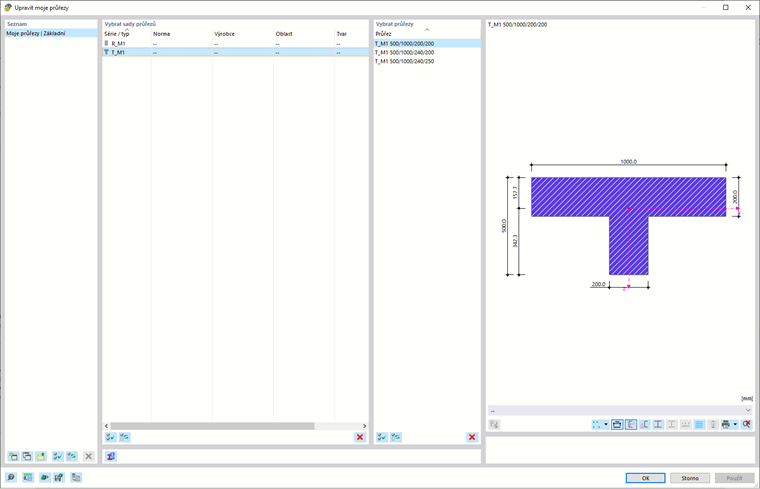 Dialog Upravit moje průřezy