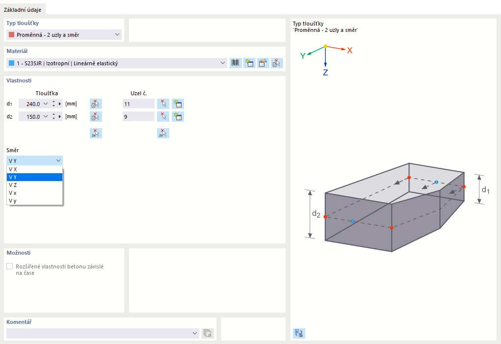 Zadání proměnné tloušťky pomocí dvou uzlů a směru