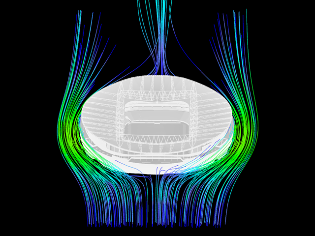 Emirátový stadion a výsledky simulace větru
