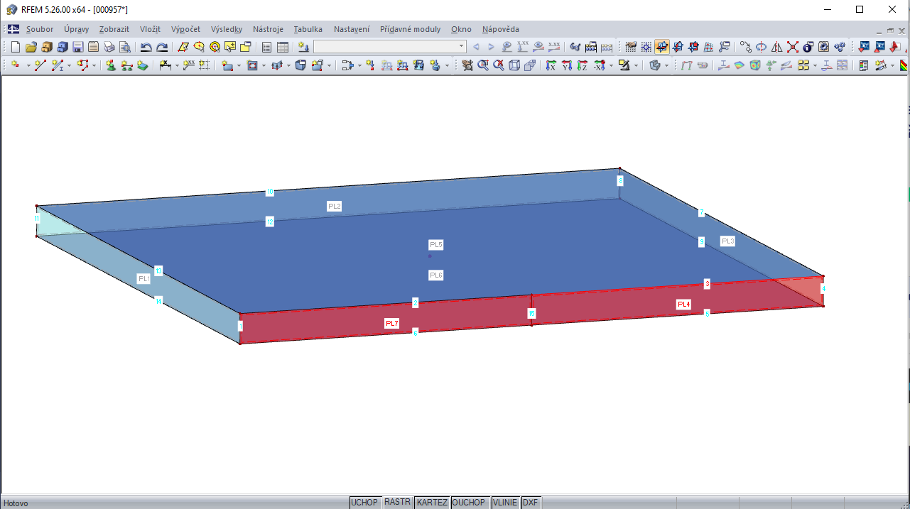 Boční plocha PL4 rozdělená na dílčí plochy PL4 a PL7, každá se čtyřmi hraničními liniemi