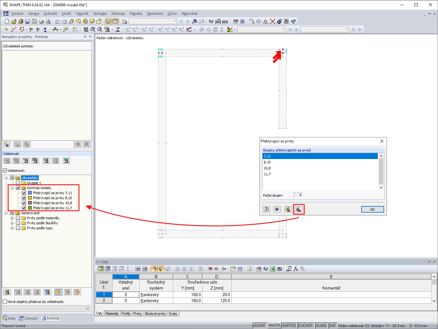 Viditelnosti vytvořené kontrolou modelu