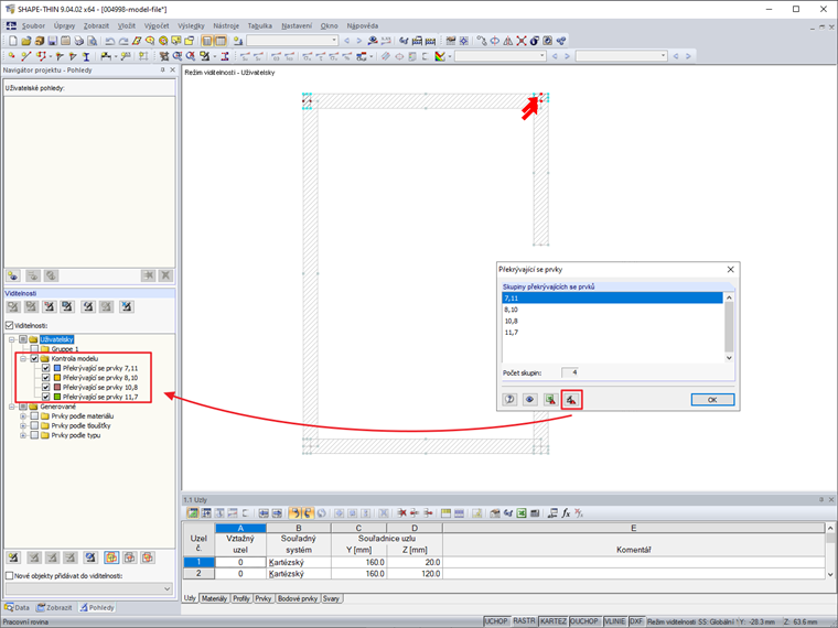 Viditelnosti vytvořené kontrolou modelu
