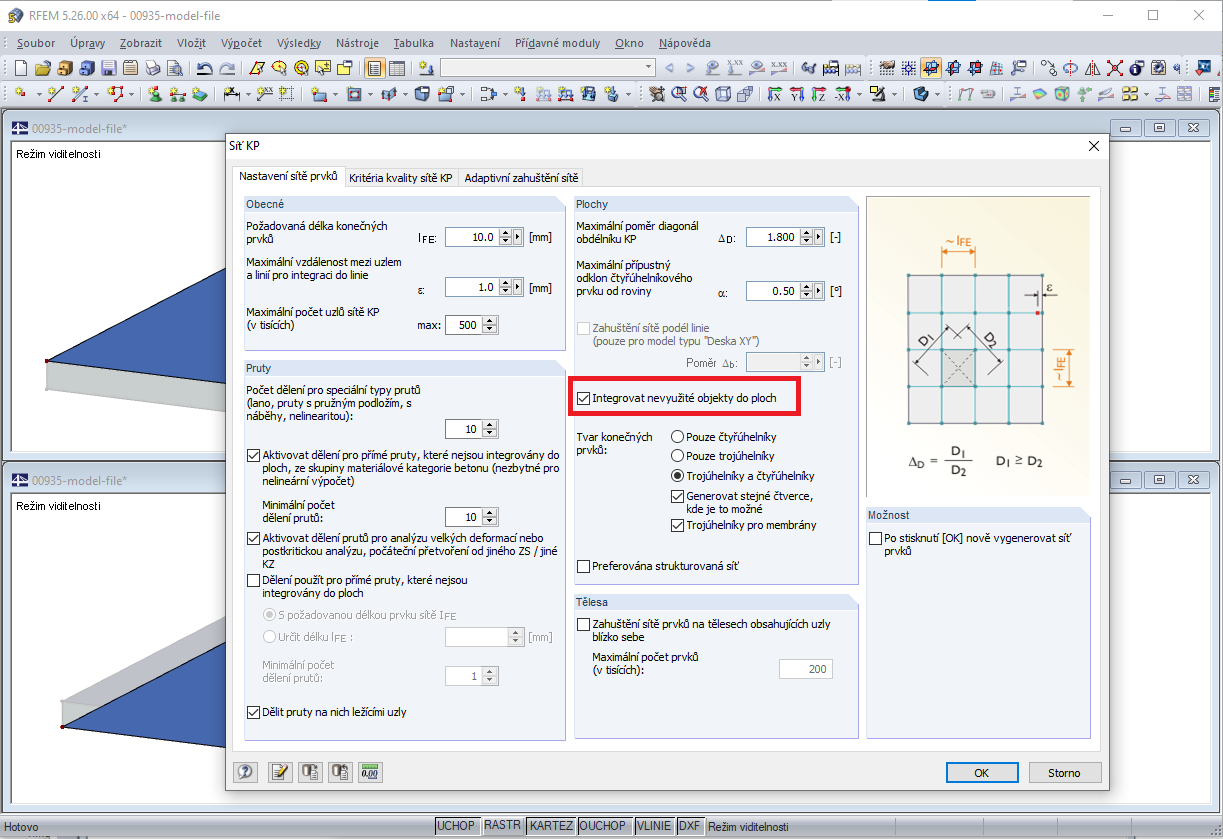 Nastavení sítě prvků - Integrace nevyužitých objektů do ploch