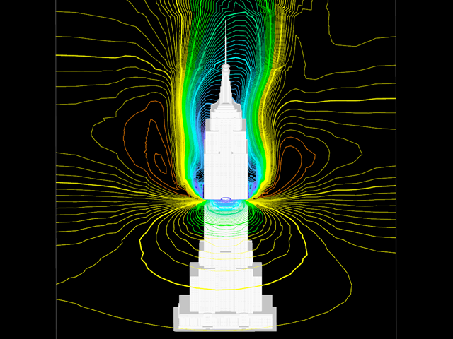 Empire State Building s izoliniemi ve vodorovném rastru