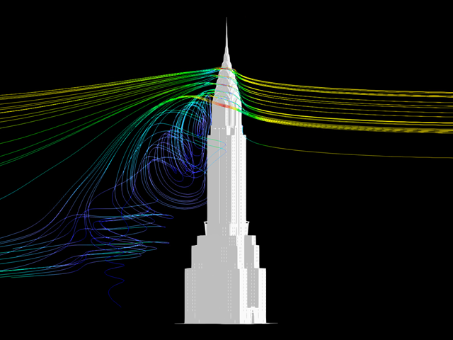 Chrysler Building a výsledky simulace větru
